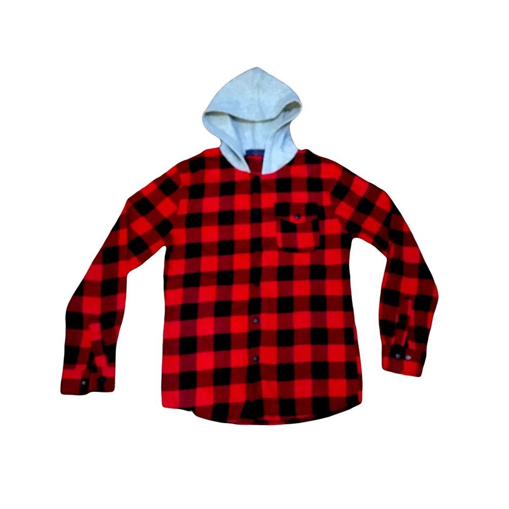 Red & Black MEDIUM Lumberjack Plaid Flannel Gray Hoodie Snap Front pocket